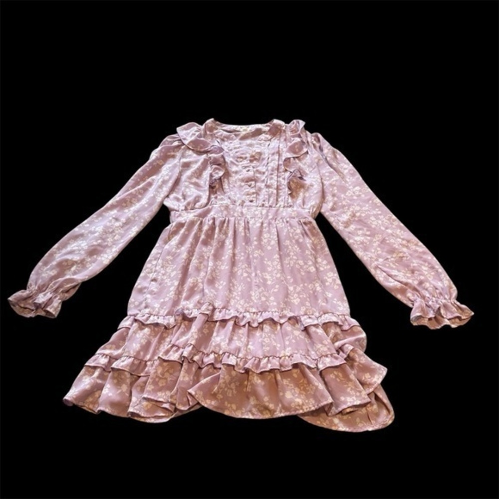 Long sleeve ruffle Pink Lavender Floral Dress by the River